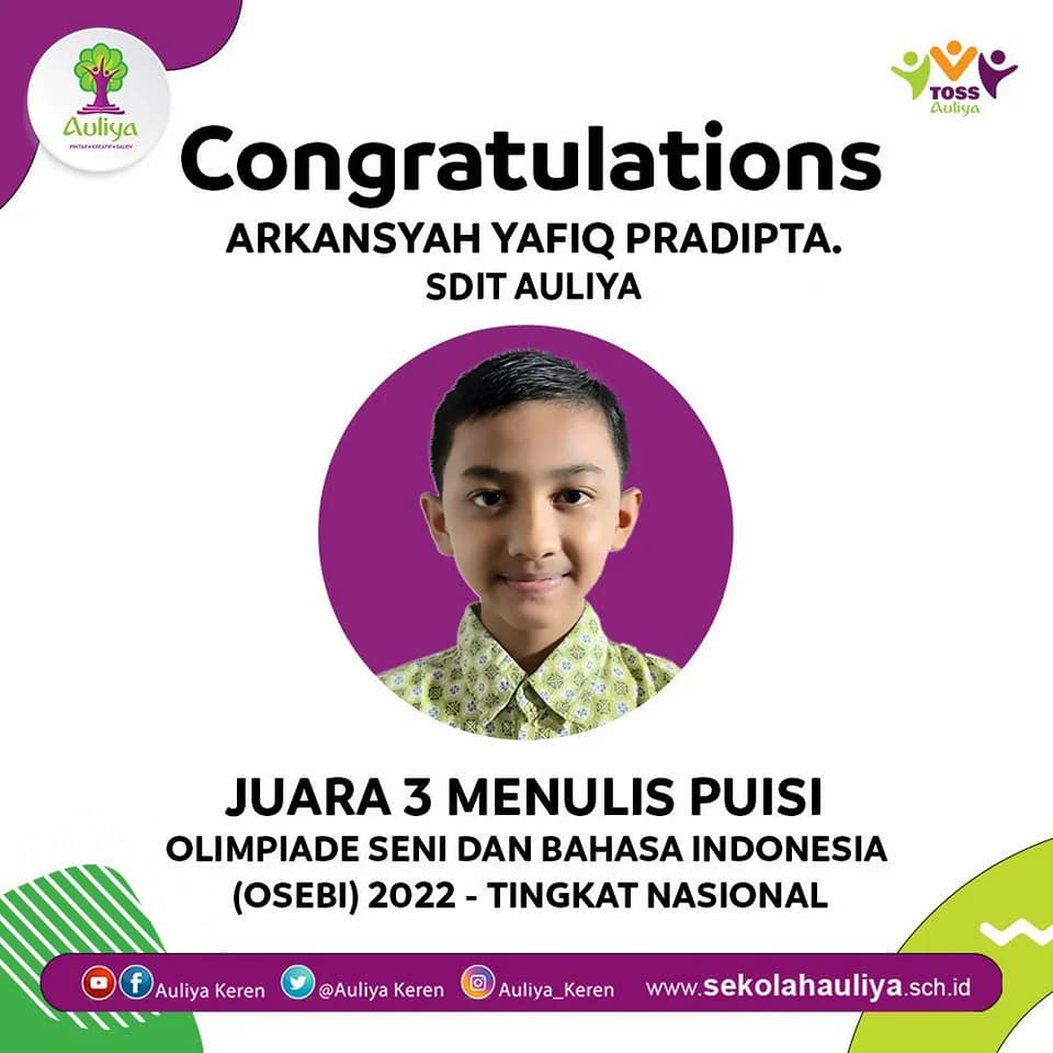  Keren! Siswa SDIT AULIYA Raih Juara 3 Menulis Puisi Tingkat Nasional