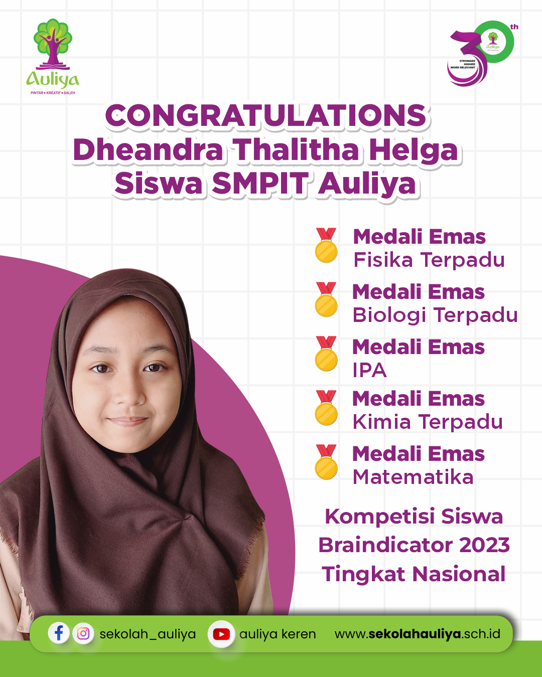  Siswa SMPIT Auliya Sabet 5 Medali Emas Sekaligus Dalam Kompetisi Siswa Braindicator Nasional